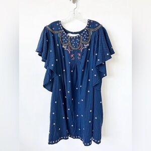 EUC Anthropologie navy blue embroidered swing dress keyhole back pockets